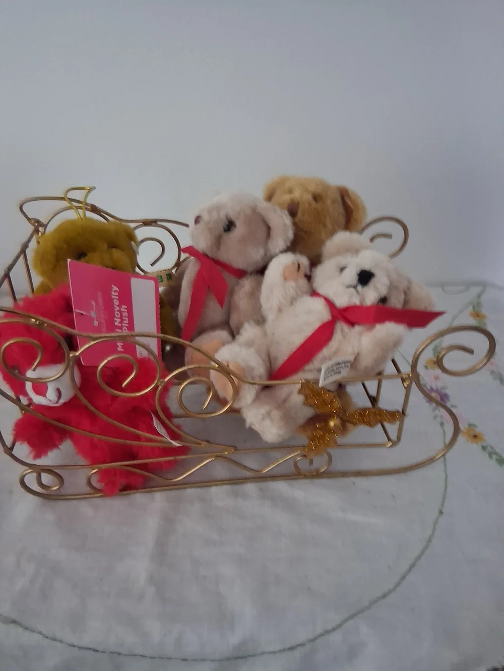 Festive Plush Bear Sleigh Display — Cream, Brown & Red Accents